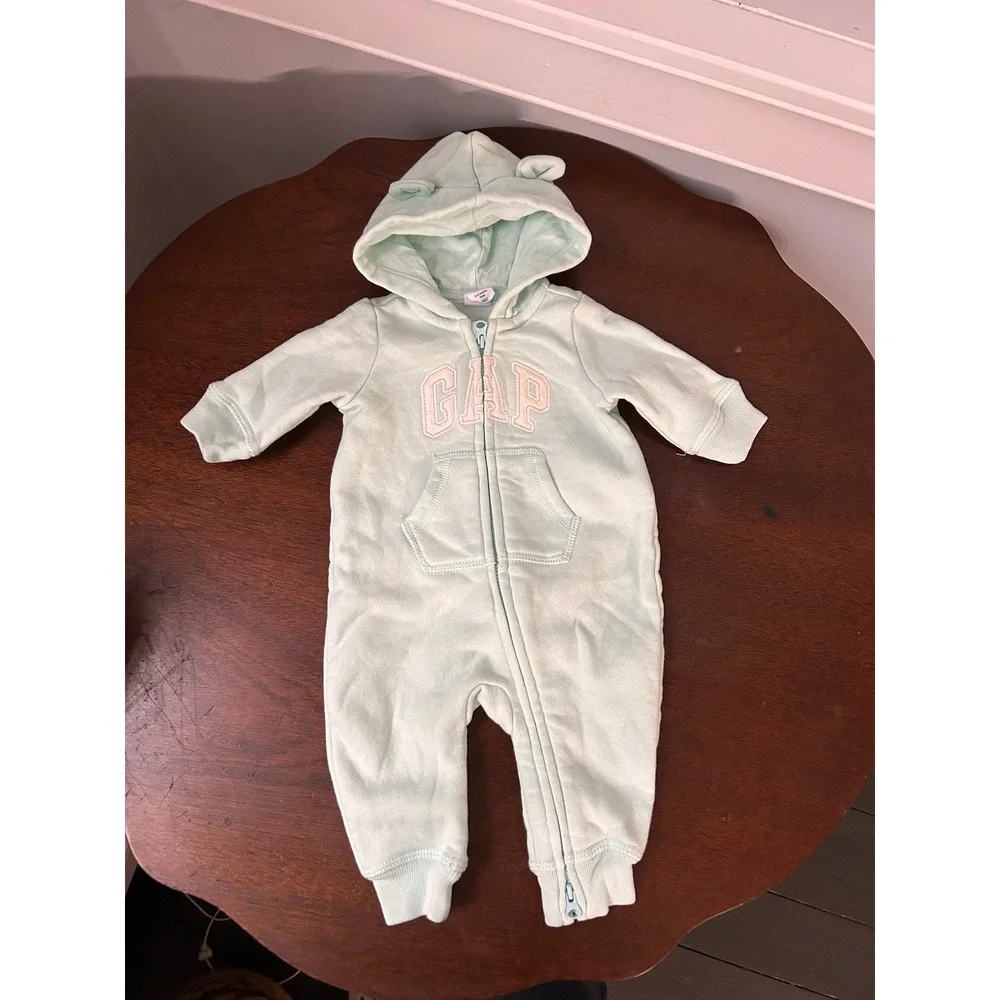 Gap Baby Mint Green Bear Ear Hooded Fleece Romper Zip Up 0-3 Months